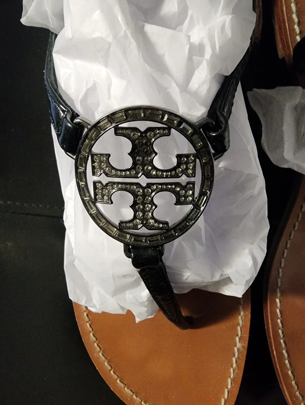 TORY BURCH BLING SANDALS SIZE 8.5 BLACK WITH SILVER BLING TORY BURCH EMBLEM